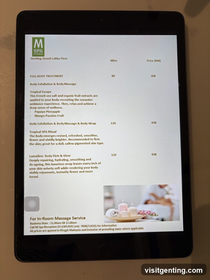 M Spa & Fitness Menu