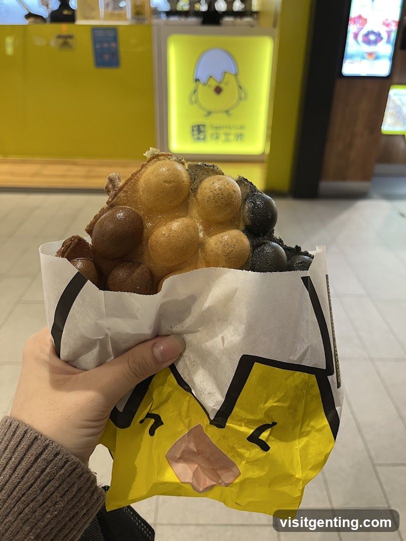 Hand holding bubble waffle in branded paper