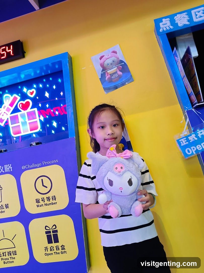 Child holding plush toy in brightly colored interior