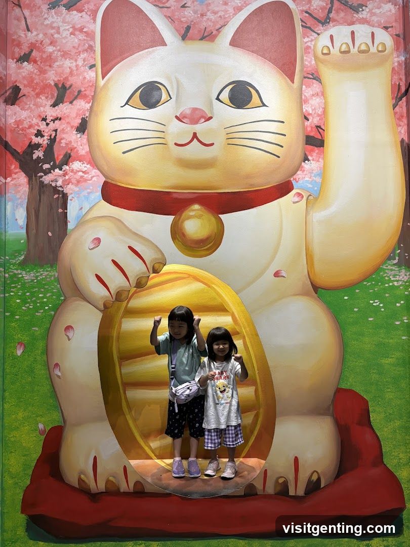 Children posing in front of a large cat statue