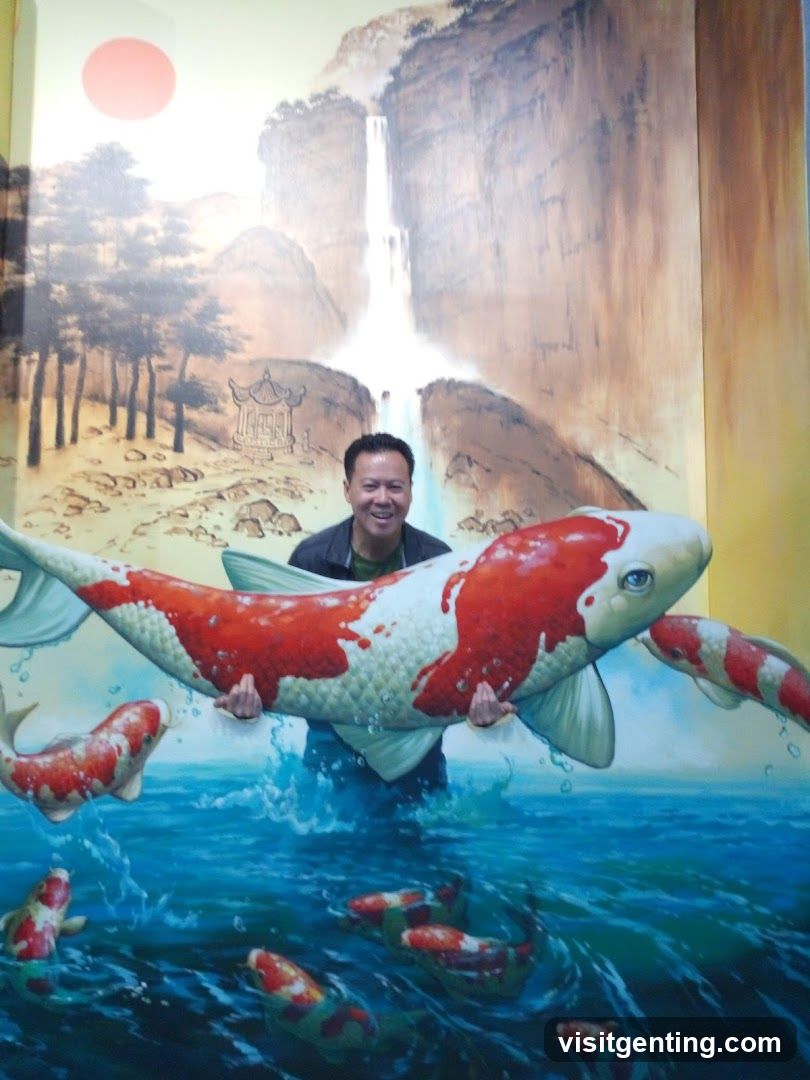Man posing with 3D mural of koi fish