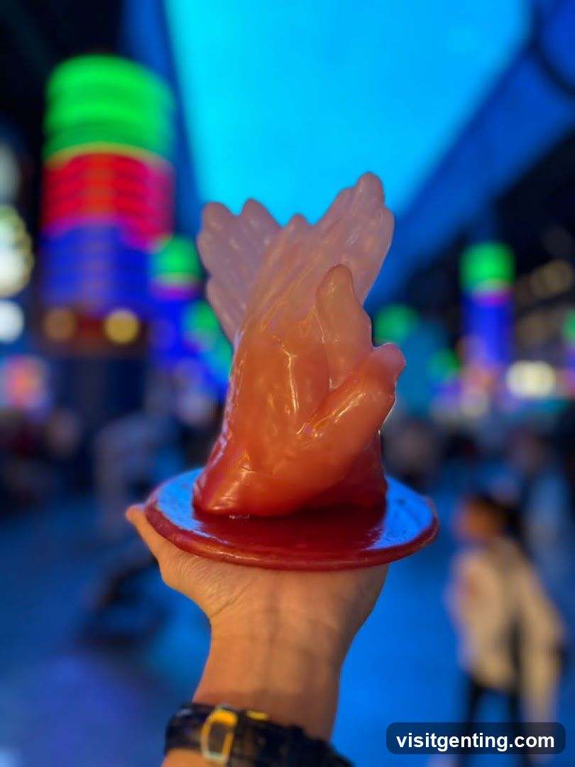 Hand holding a translucent orange sculpture on red base