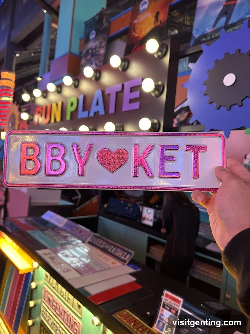 Hand holding custom license plate in colorful indoor setting