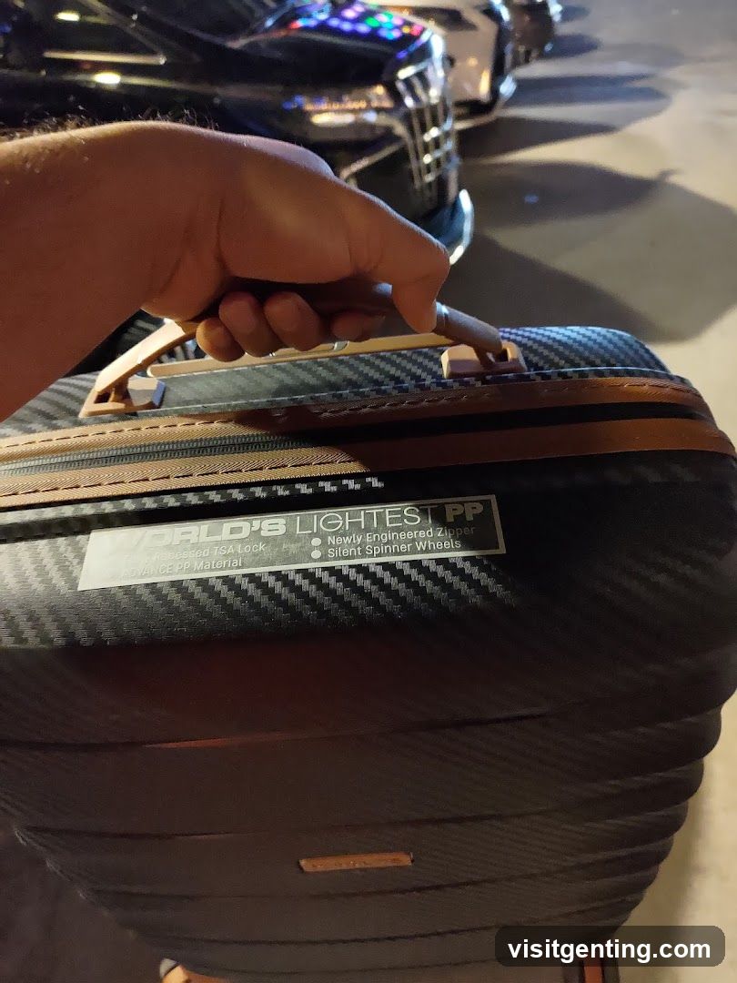 Hand holding suitcase at night