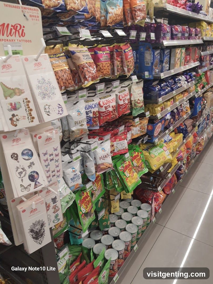 Grocery aisle with snacks and temporary tattoos