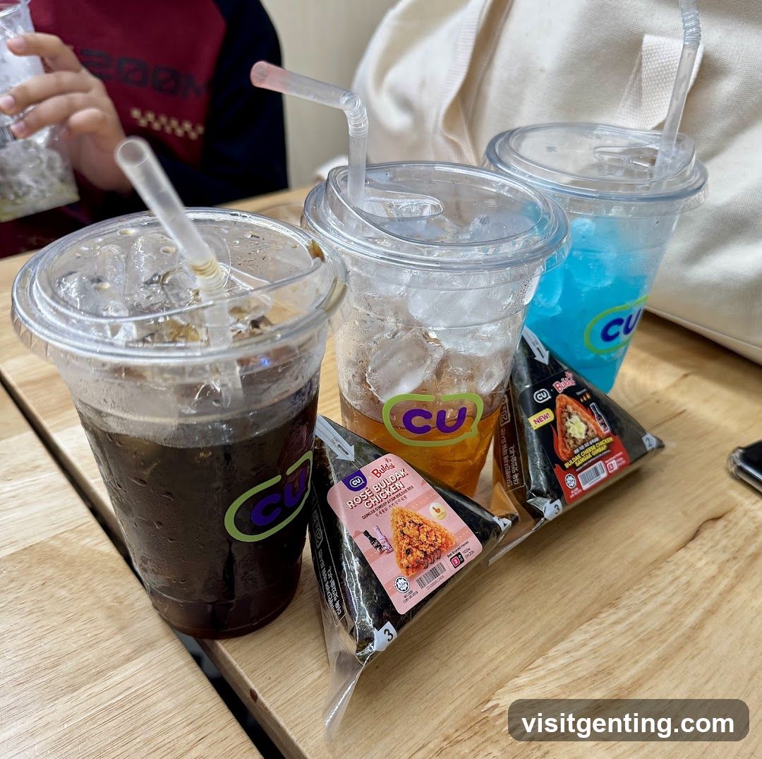 CU beverages and snacks on wooden table