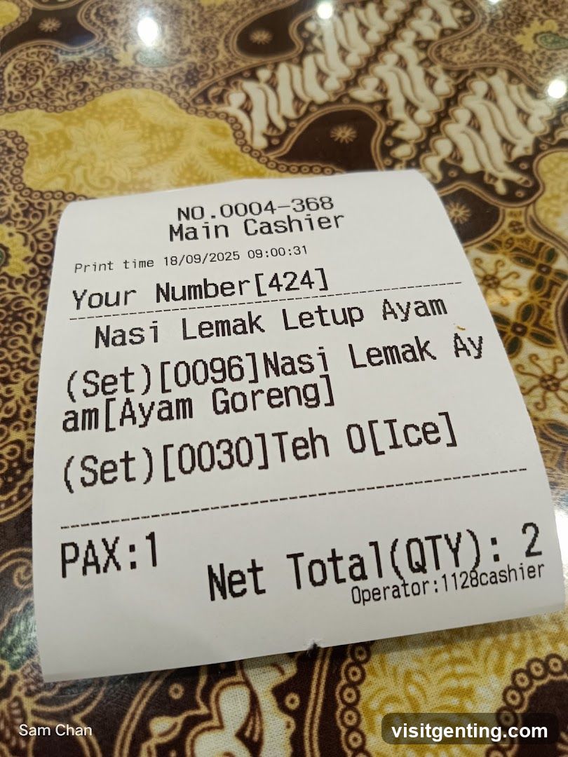 Receipt on patterned tablecloth