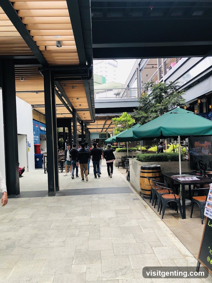Outdoor shopping walkway with cafes