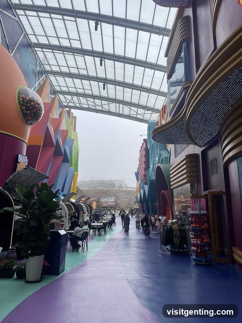 Indoor shopping arcade with colorful architecture