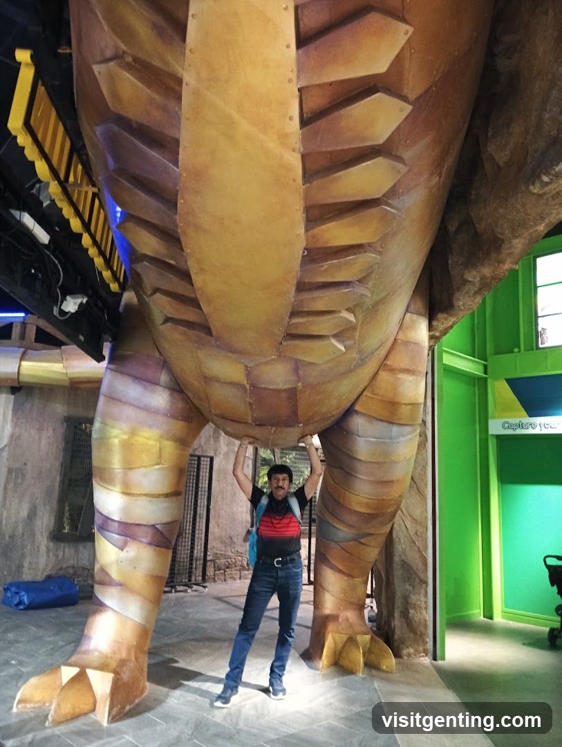Person posing under large dinosaur sculpture