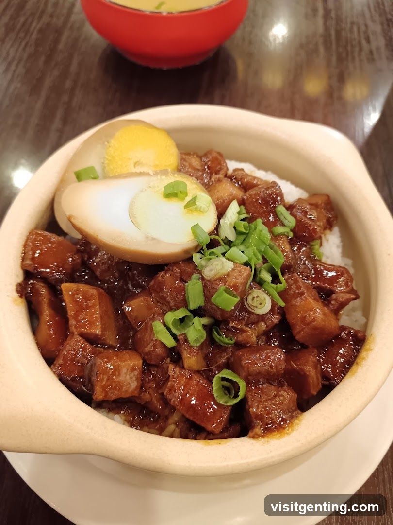 Bowl of rice with braised meat and boiled egg