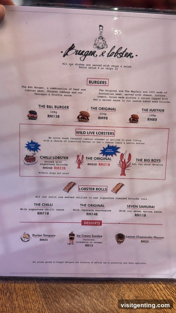 Burger & Lobster Menu