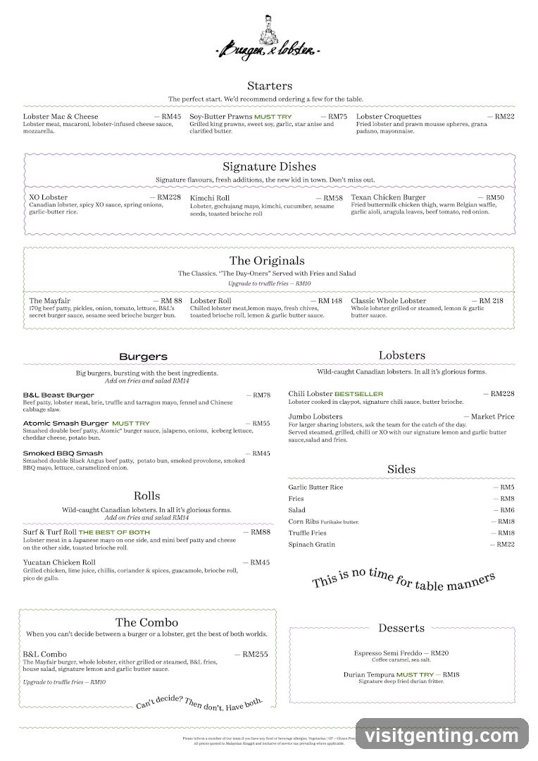 B&L Burger & Lobster Menu