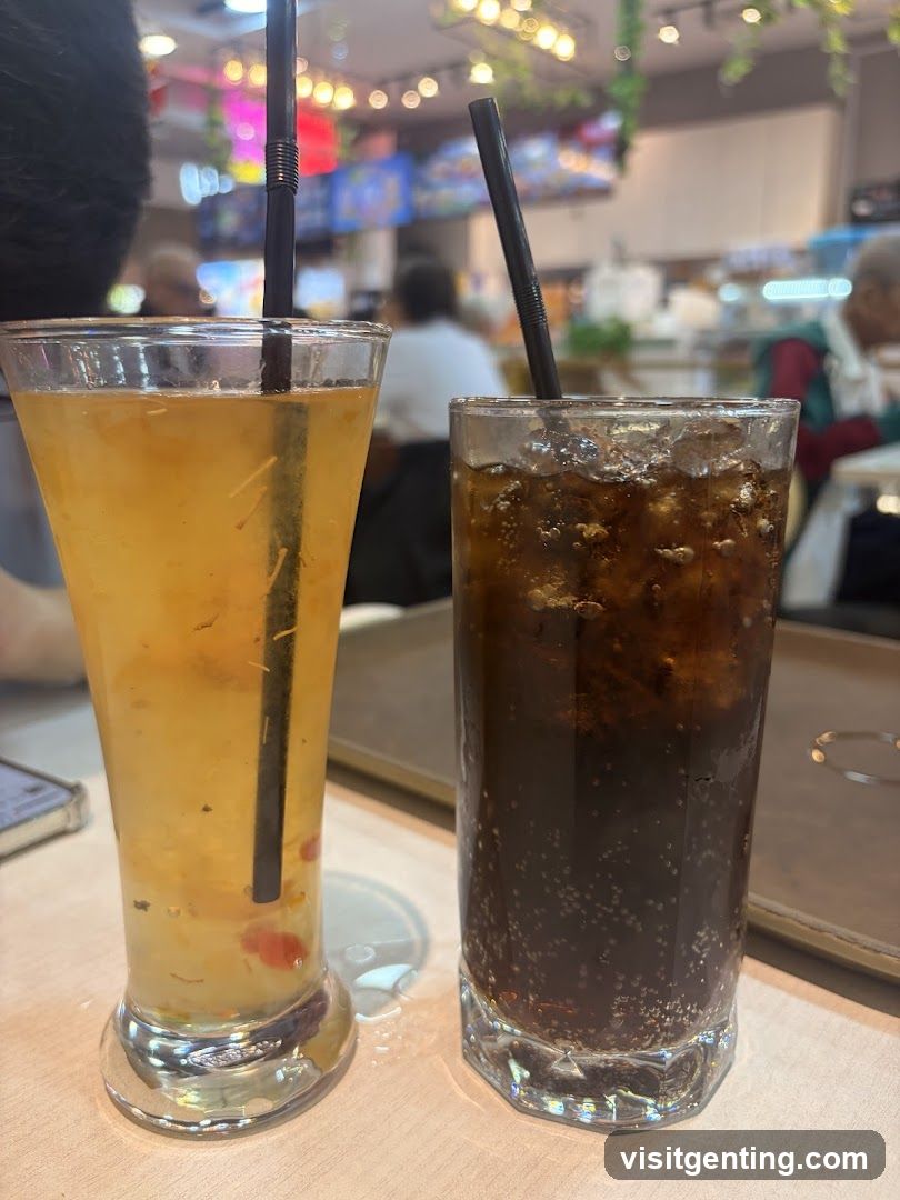 Two beverages on a table in a restaurant interior