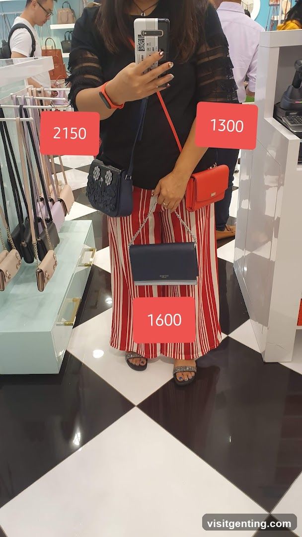Woman holding handbags with prices