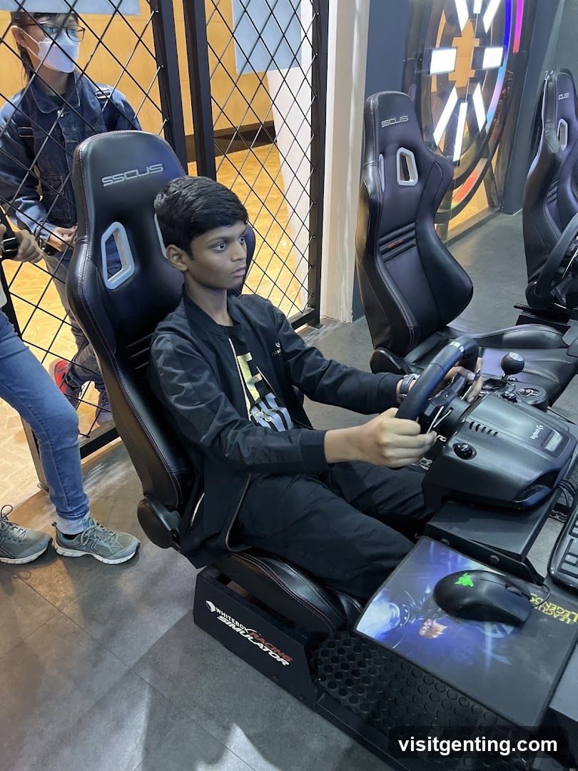 Young boy playing a racing simulator game