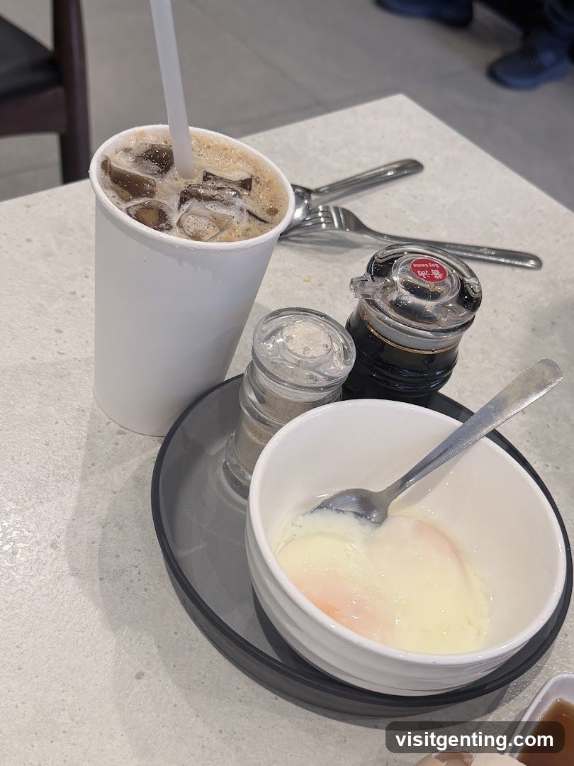 Soft-boiled eggs and iced coffee