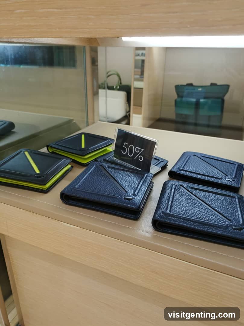 Wallets on display with a 50% off sign