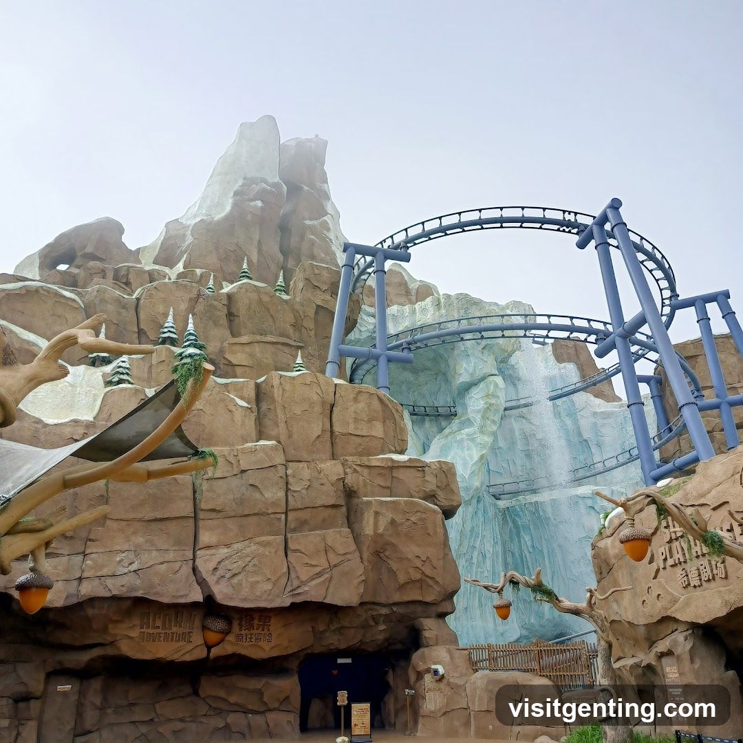 Roller Coaster with Mountain and Waterfall Scenery