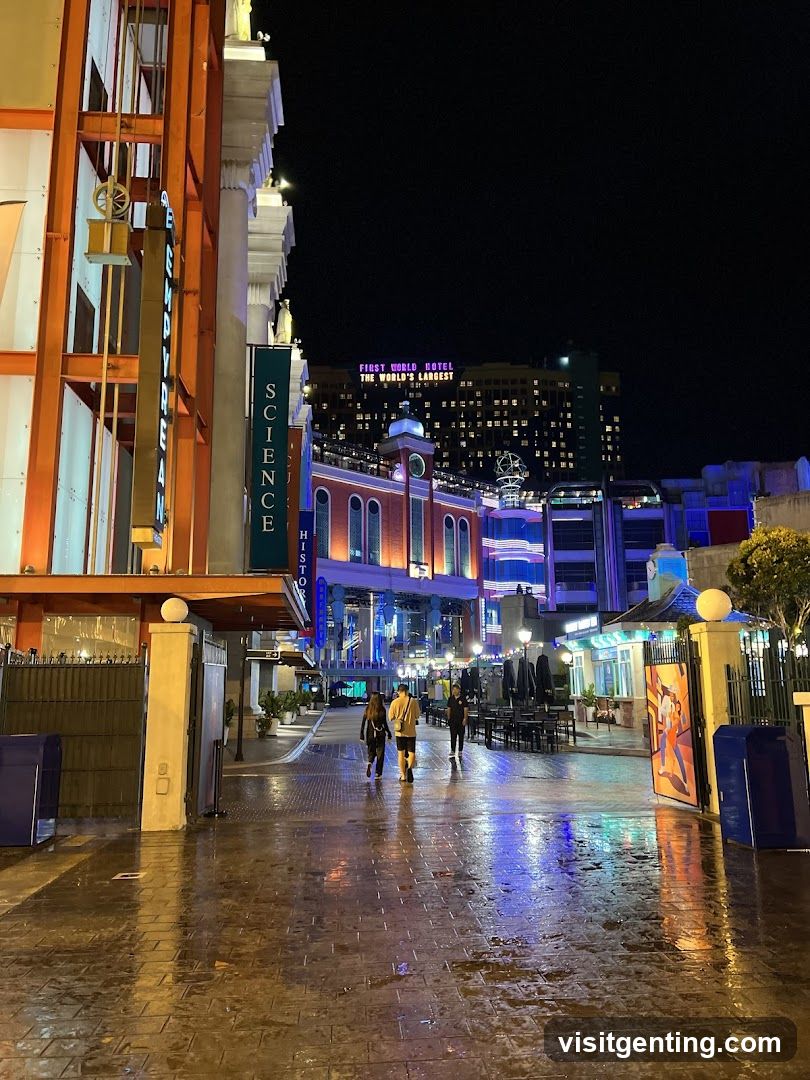 Nighttime street scene with illuminated buildings