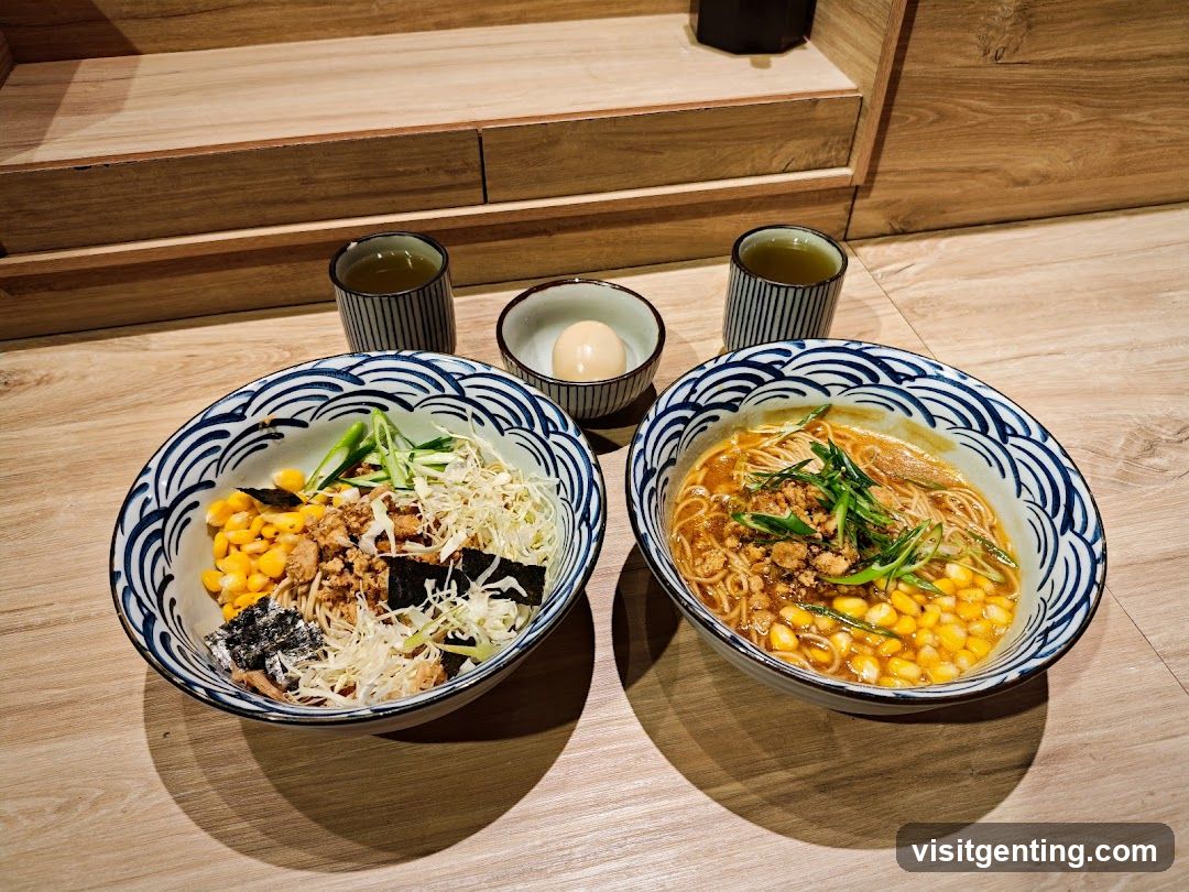 Two bowls of ramen with tea and a boiled egg
