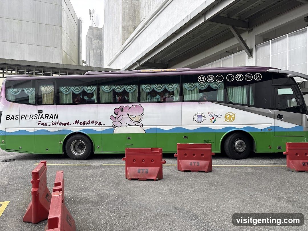 Bus with cartoon hippo and "Fun...leisure...Holidays..." text