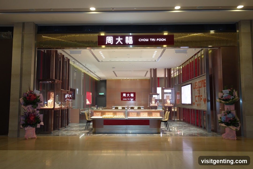 The exterior of a Chow Tai Fook jewelry store, featuring a prominent sign with the store name in both Chinese and English. The storefront is well-lit, with display cases showcasing jewelry inside. Two floral arrangements are placed on either side of the entrance. The interior is visible, revealing a modern and elegant design with red and gold accents.