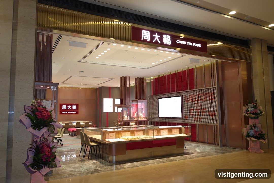 The exterior of a Chow Tai Fook jewelry store, with its prominent signage visible above the entrance. Inside, display cases showcase jewelry, and a large screen displays a welcome message. The store features a modern design with red accent walls and warm lighting. Floral arrangements are placed at the entrance.