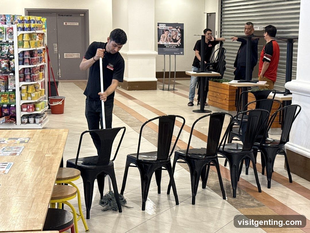 Staff cleaning and conversing