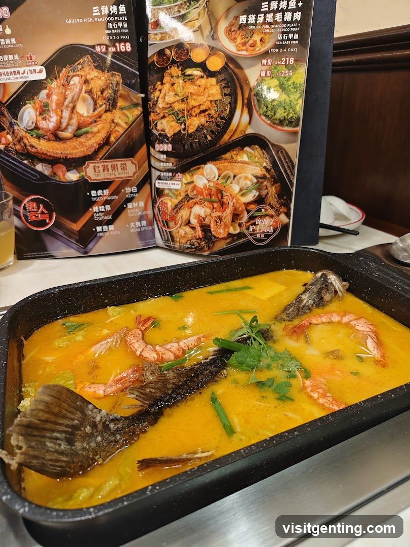 Seafood dish with menu in background