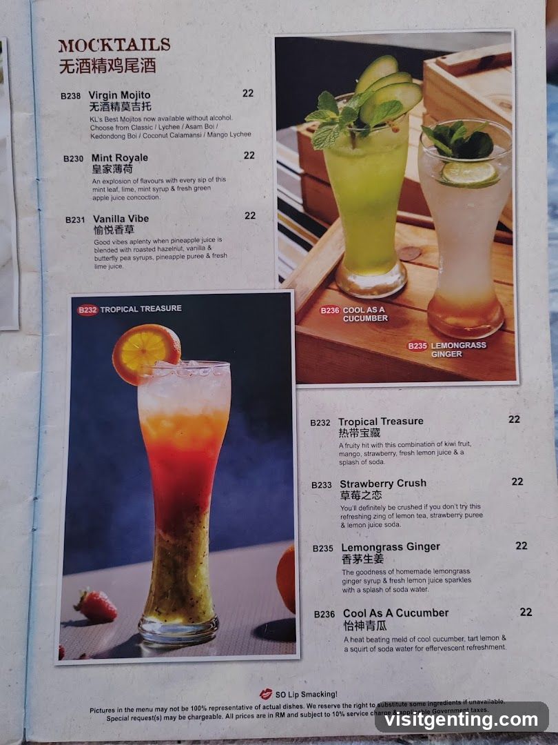 Mocktails Section of Menu