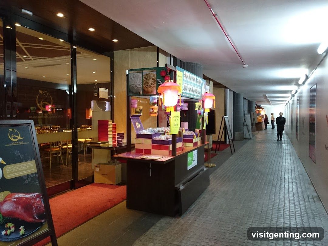 Interior hallway with food stall and restaurant entrance