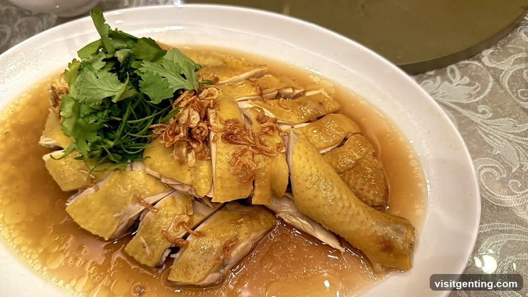 Dish of sliced chicken with garnish