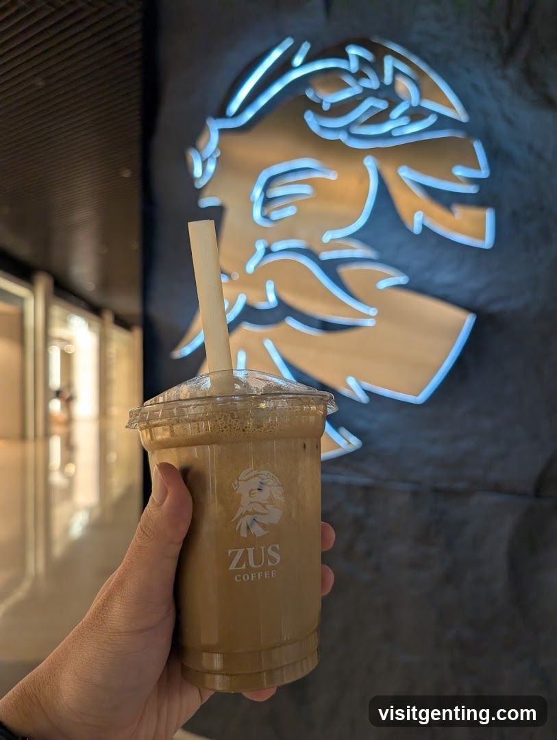 Hand holding coffee cup in front of illuminated logo