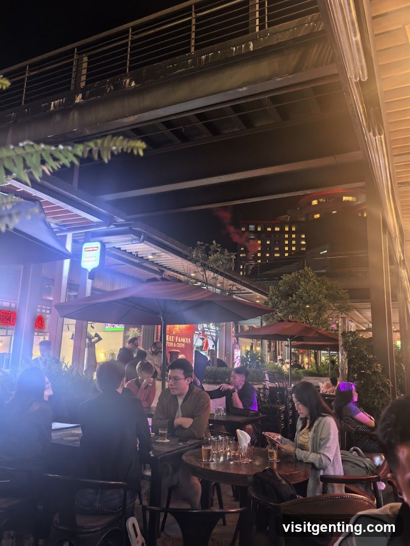 Outdoor dining area at night