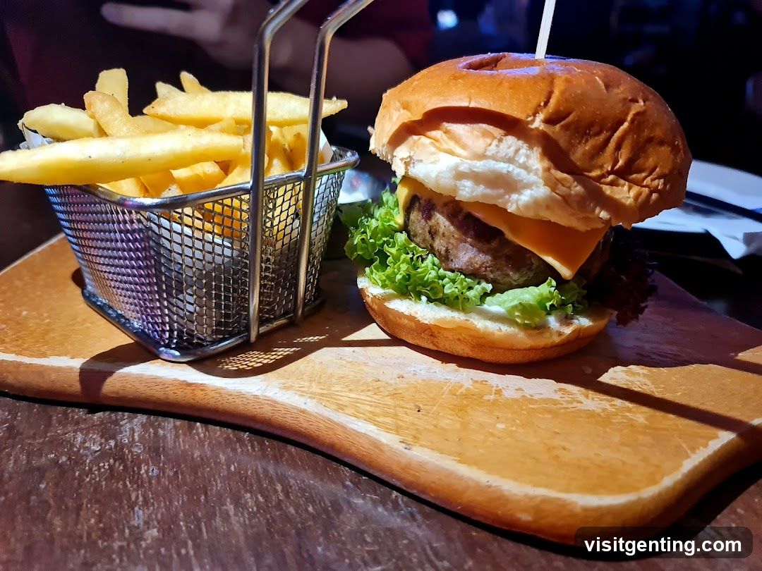 Burger and Fries on Wooden Board