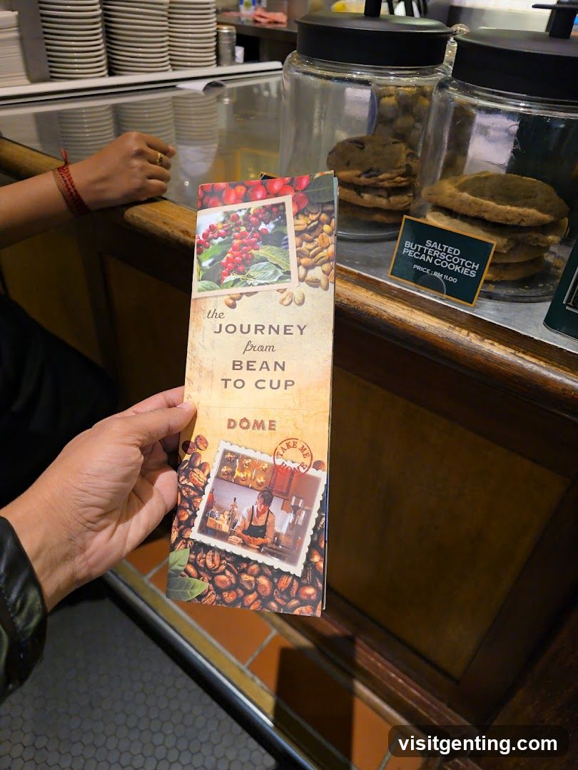 Customer holding promotional flyer at coffee shop counter