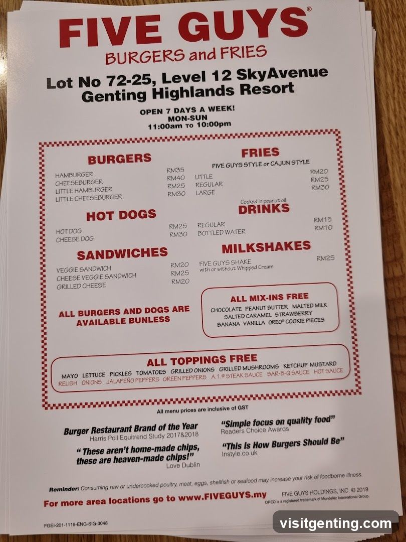 Five Guys Menu at Genting Highlands Resort