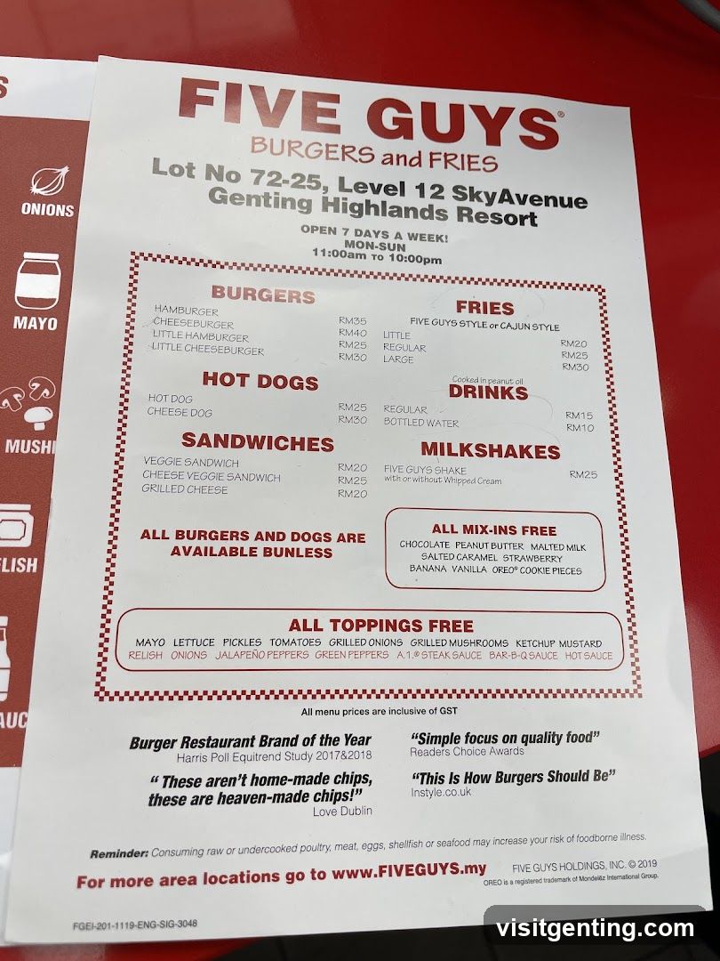 Five Guys Menu at Genting Highlands Resort