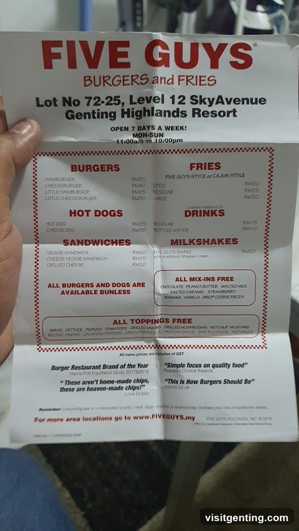 Five Guys Menu at Genting Highlands Resort