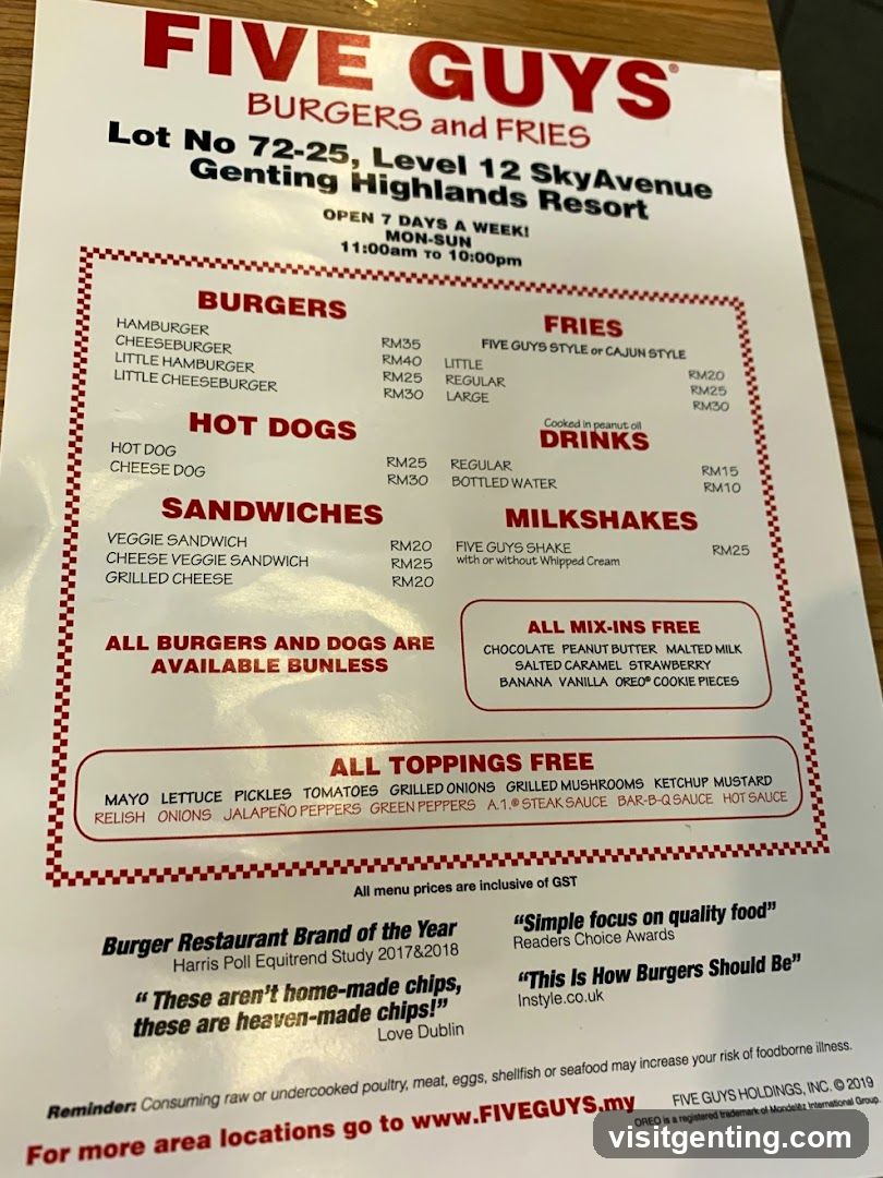 Five Guys Menu at Genting Highlands Resort