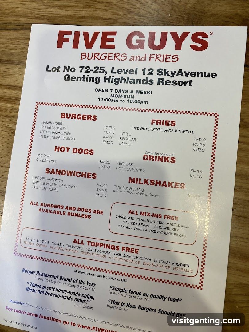 Five Guys Menu at Genting Highlands Resort