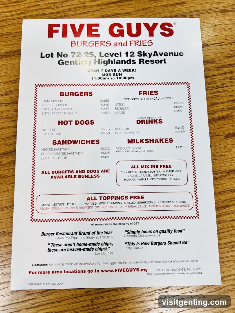 Five Guys Menu at Genting Highlands Resort