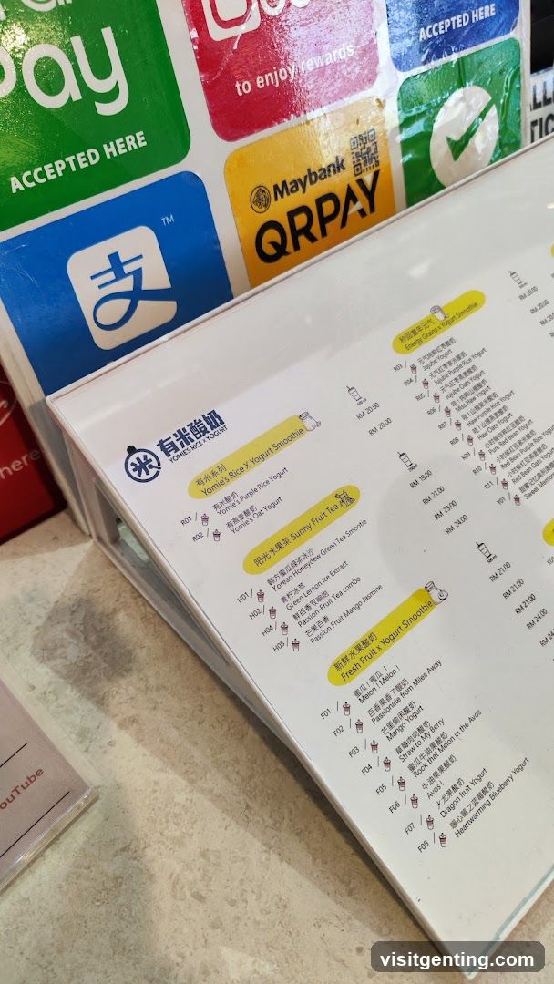 Payment methods and menu display