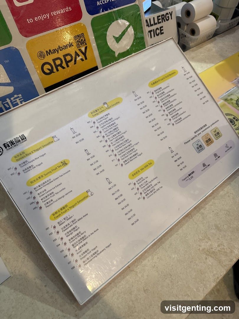 Yomie's Yogurt Smoothie Menu