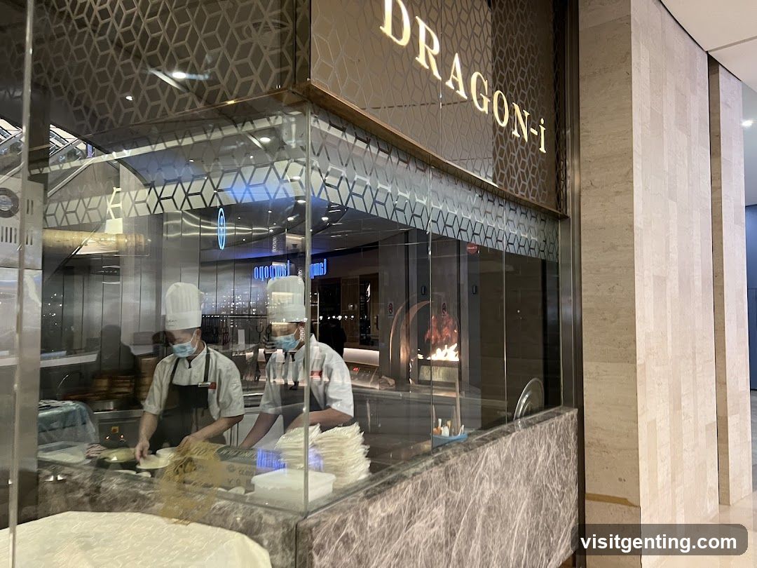 Glass storefront with 'DRAGON-i' signage in gold lettering on a patterned background. Two chefs wearing white hats and face masks are visible behind the counter, preparing food. The counter is made of marble, and there's a fire pit or oven in the background. The interior has modern lighting and a clean, upscale ambiance.